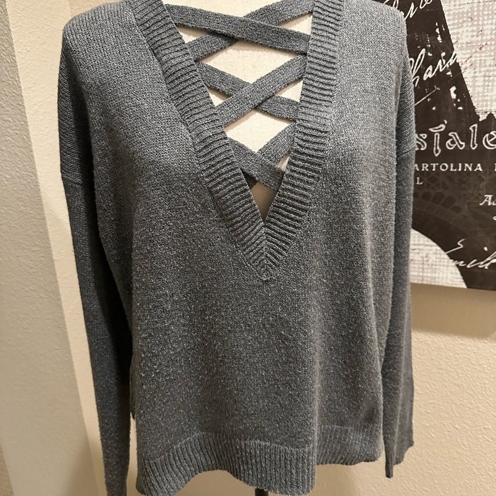 Forever 21 Charcoal V-Neck Sweater with Crisscross Detail